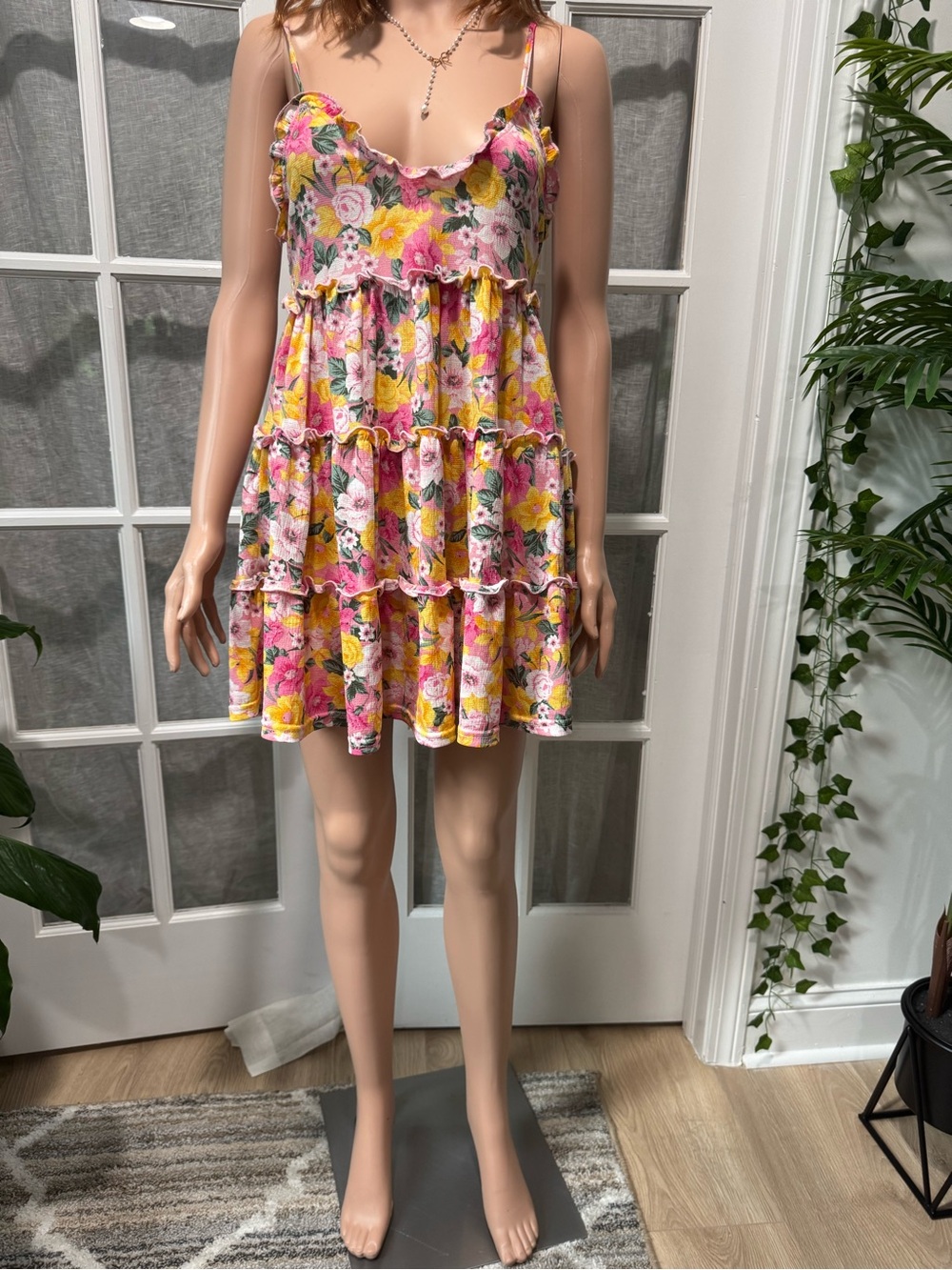 Ruffled Tiered Mini Dress in Pink & Yellow Floral